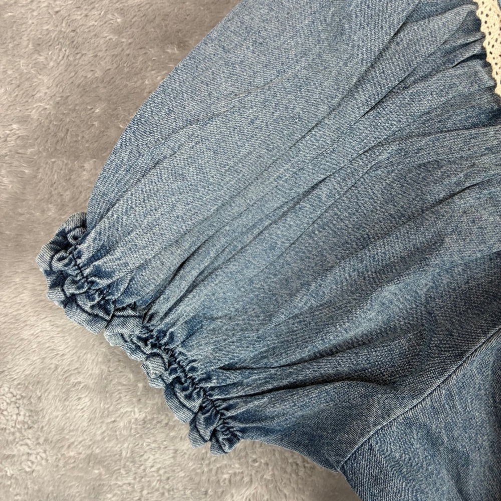 NWT Klesis Top Ruched Blue Denim Ribbon Crochet Trim Women M Coastal Cowgirl - Picture 8 of 11
